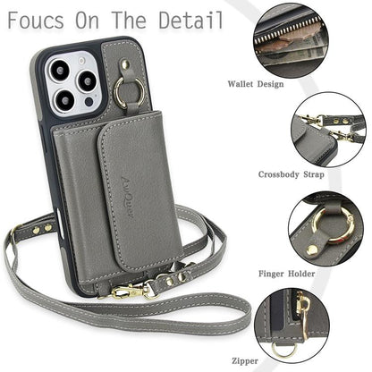 For iPhone 16 Pro AwQuer 2 in 1 Crossbody Wallet Leather Back Phone Case(Grey) - iPhone 16 Pro Cases by Awquer | Online Shopping UK | buy2fix