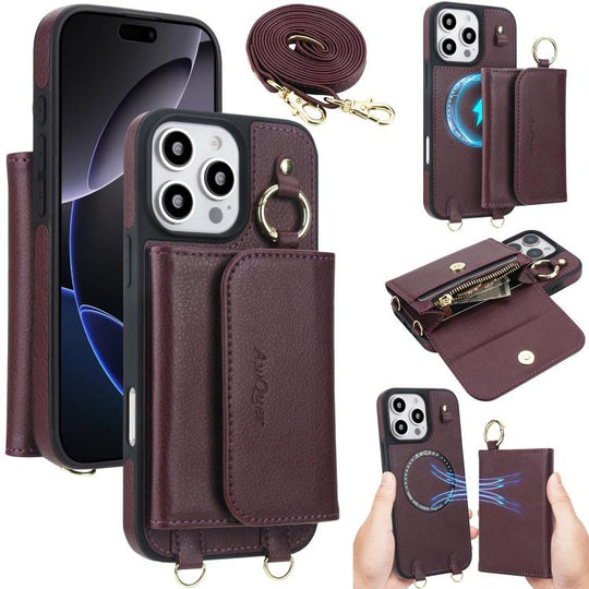 For iPhone 16 Pro AwQuer 2 in 1 Crossbody Wallet Leather Back Phone Case(Wine Red)