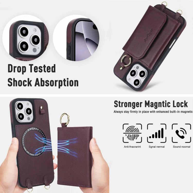 For iPhone 16 Pro AwQuer 2 in 1 Crossbody Wallet Leather Back Phone Case(Wine Red) - iPhone 16 Pro Cases by Awquer | Online Shopping UK | buy2fix