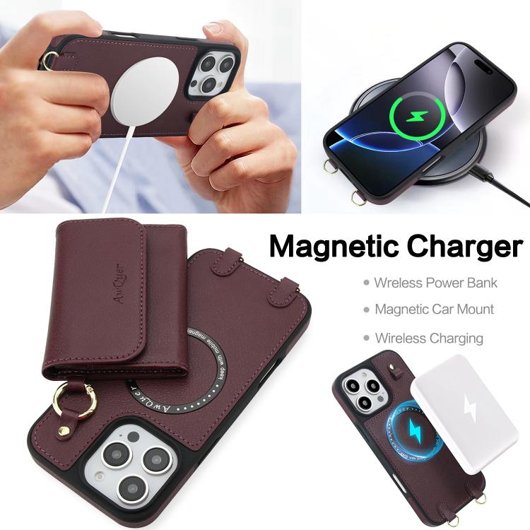 For iPhone 16 Pro AwQuer 2 in 1 Crossbody Wallet Leather Back Phone Case(Wine Red) - iPhone 16 Pro Cases by Awquer | Online Shopping UK | buy2fix