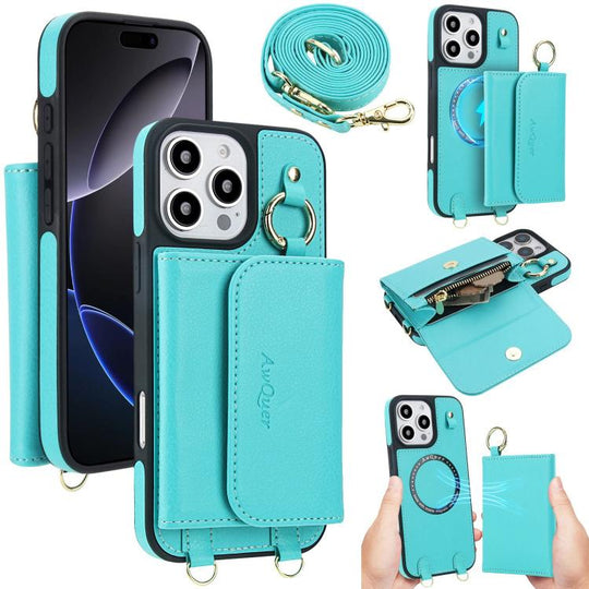 For iPhone 16 Pro AwQuer 2 in 1 Crossbody Wallet Leather Back Phone Case(Light Green)
