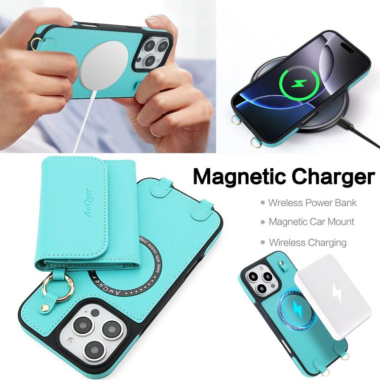 For iPhone 16 Pro AwQuer 2 in 1 Crossbody Wallet Leather Back Phone Case(Light Green) - iPhone 16 Pro Cases by Awquer | Online Shopping UK | buy2fix