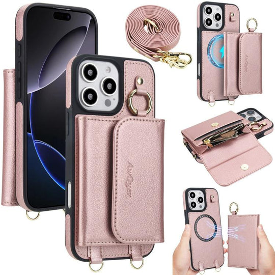 For iPhone 16 Pro AwQuer 2 in 1 Crossbody Wallet Leather Back Phone Case(Rose Gold)