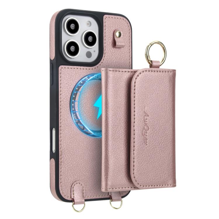 For iPhone 16 Pro AwQuer 2 in 1 Crossbody Wallet Leather Back Phone Case(Rose Gold) - iPhone 16 Pro Cases by Awquer | Online Shopping UK | buy2fix