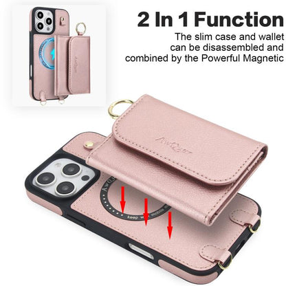 For iPhone 16 Pro AwQuer 2 in 1 Crossbody Wallet Leather Back Phone Case(Rose Gold) - iPhone 16 Pro Cases by Awquer | Online Shopping UK | buy2fix