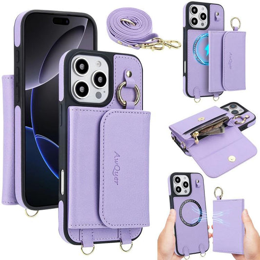 For iPhone 16 Pro AwQuer 2 in 1 Crossbody Wallet Leather Back Phone Case(Light Purple) - iPhone 16 Pro Cases by Awquer | Online Shopping UK | buy2fix