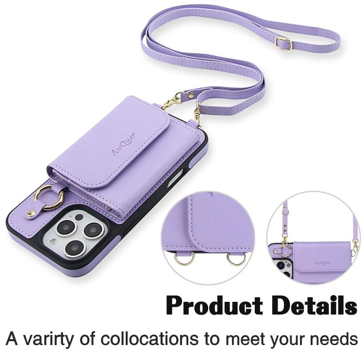 For iPhone 16 Pro AwQuer 2 in 1 Crossbody Wallet Leather Back Phone Case(Light Purple) - iPhone 16 Pro Cases by Awquer | Online Shopping UK | buy2fix