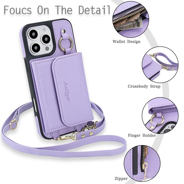 For iPhone 16 Pro AwQuer 2 in 1 Crossbody Wallet Leather Back Phone Case(Light Purple) - iPhone 16 Pro Cases by Awquer | Online Shopping UK | buy2fix