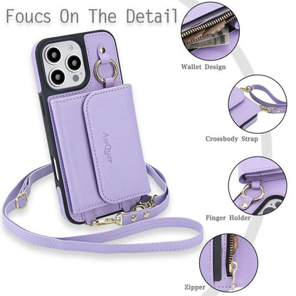 For iPhone 16 Pro AwQuer 2 in 1 Crossbody Wallet Leather Back Phone Case(Light Purple) - iPhone 16 Pro Cases by Awquer | Online Shopping UK | buy2fix