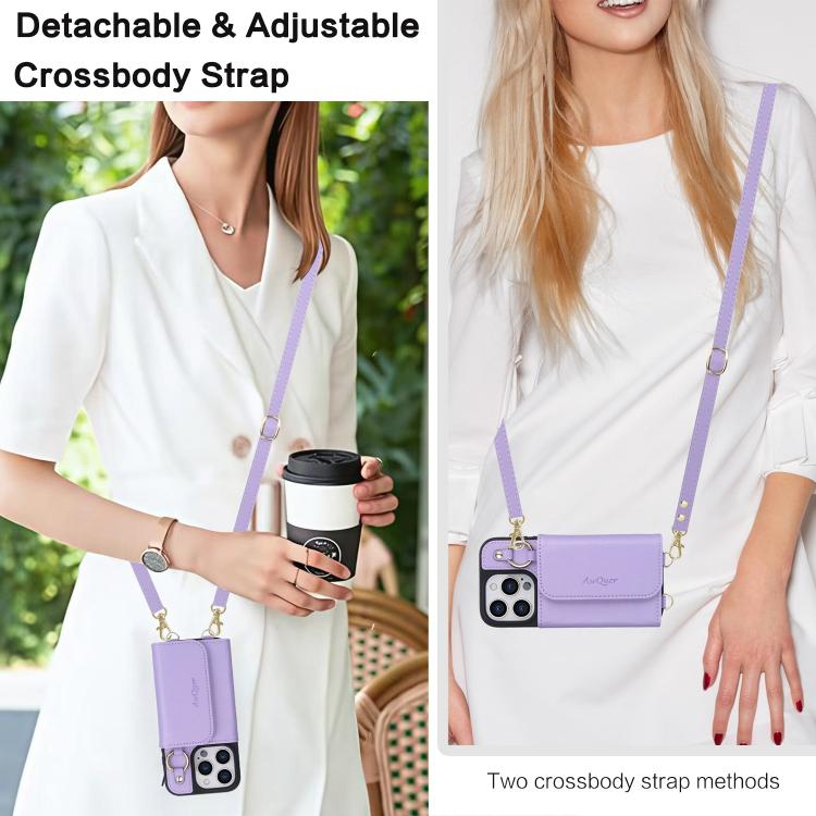 For iPhone 16 Pro AwQuer 2 in 1 Crossbody Wallet Leather Back Phone Case(Light Purple) - iPhone 16 Pro Cases by Awquer | Online Shopping UK | buy2fix
