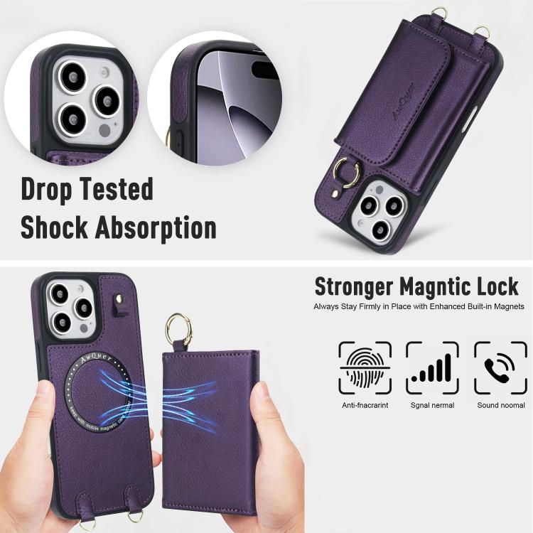 For iPhone 16 Pro AwQuer 2 in 1 Crossbody Wallet Leather Back Phone Case(Dark Purple) - iPhone 16 Pro Cases by Awquer | Online Shopping UK | buy2fix