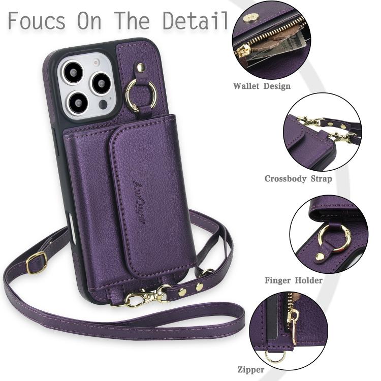 For iPhone 16 Pro AwQuer 2 in 1 Crossbody Wallet Leather Back Phone Case(Dark Purple) - iPhone 16 Pro Cases by Awquer | Online Shopping UK | buy2fix