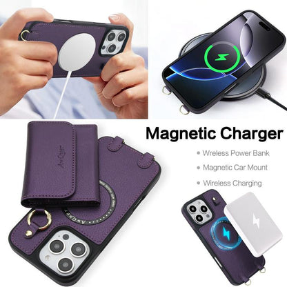 For iPhone 16 Pro AwQuer 2 in 1 Crossbody Wallet Leather Back Phone Case(Dark Purple) - iPhone 16 Pro Cases by Awquer | Online Shopping UK | buy2fix