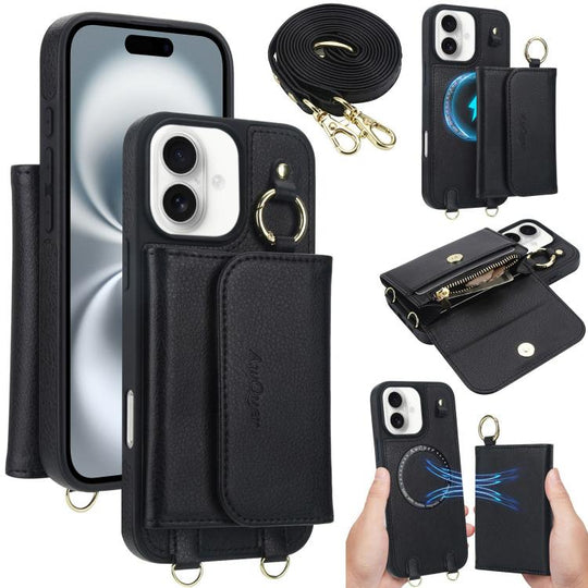 For iPhone 16 Plus AwQuer 2 in 1 Crossbody Wallet Leather Back Phone Case(Black)