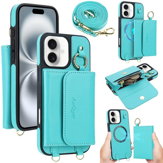 For iPhone 16 Plus AwQuer 2 in 1 Crossbody Wallet Leather Back Phone Case(Light Green)