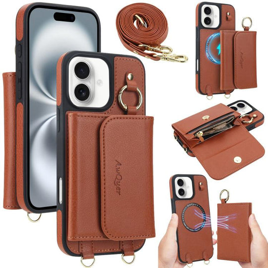 For iPhone 16 Plus AwQuer 2 in 1 Crossbody Wallet Leather Back Phone Case(Brown)