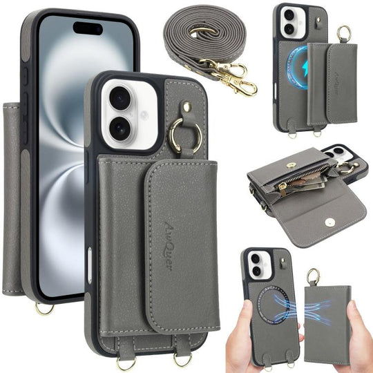 For iPhone 16 AwQuer 2 in 1 Crossbody Wallet Leather Back Phone Case(Grey)