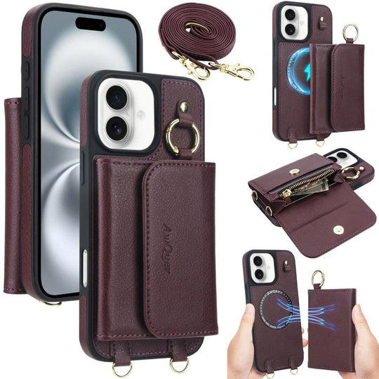 For iPhone 16 AwQuer 2 in 1 Crossbody Wallet Leather Back Phone Case(Wine Red)
