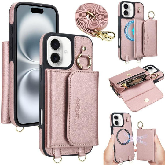 For iPhone 16 AwQuer 2 in 1 Crossbody Wallet Leather Back Phone Case(Rose Gold)
