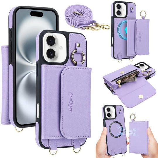 For iPhone 16 AwQuer 2 in 1 Crossbody Wallet Leather Back Phone Case(Light Purple)