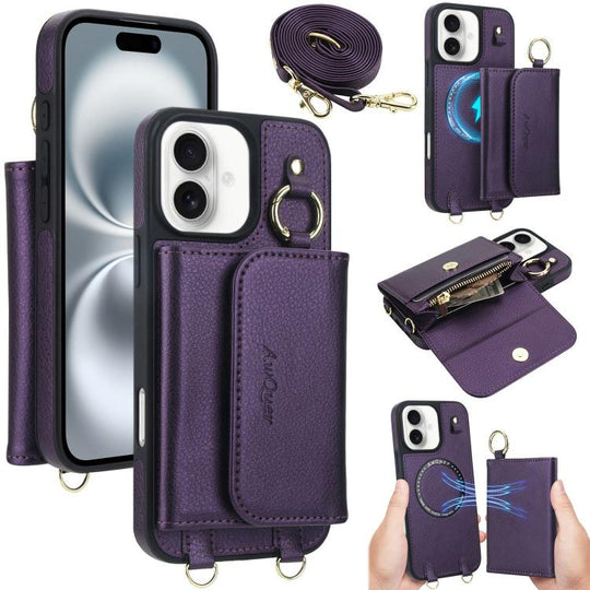 For iPhone 16 AwQuer 2 in 1 Crossbody Wallet Leather Back Phone Case(Dark Purple)