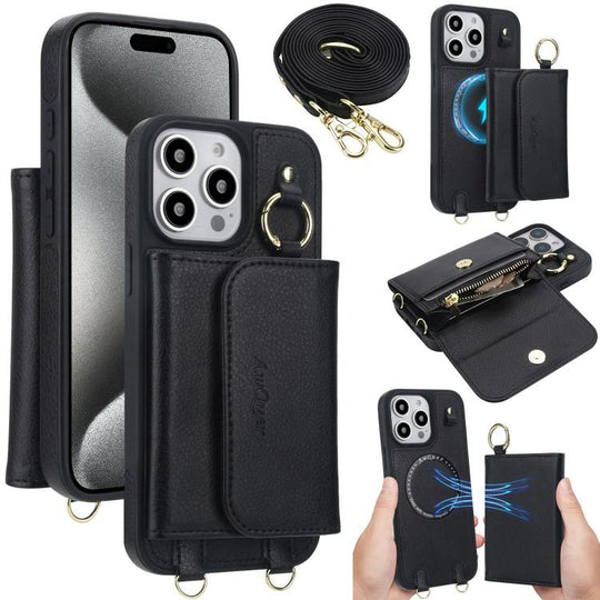 For iPhone 15 Pro Max AwQuer 2 in 1 Crossbody Wallet Leather Back Phone Case(Black)