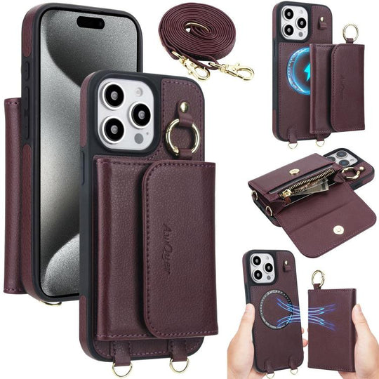For iPhone 15 Pro Max AwQuer 2 in 1 Crossbody Wallet Leather Back Phone Case(Wine Red)
