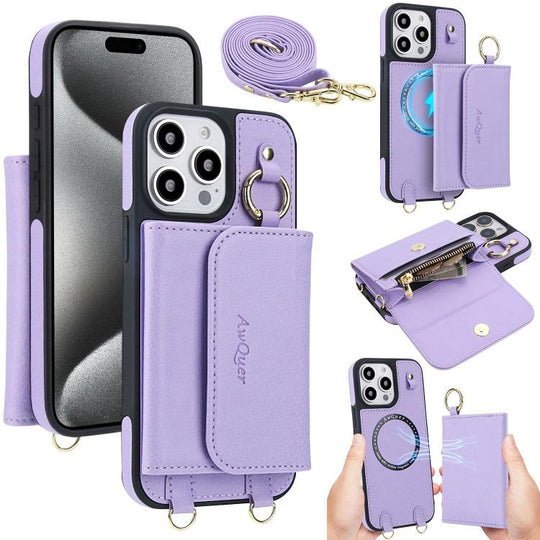 For iPhone 15 Pro Max AwQuer 2 in 1 Crossbody Wallet Leather Back Phone Case(Light Purple)