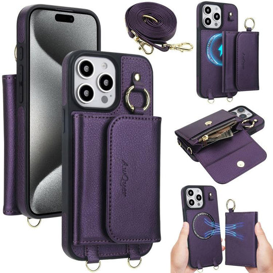 For iPhone 15 Pro Max AwQuer 2 in 1 Crossbody Wallet Leather Back Phone Case(Dark Purple)