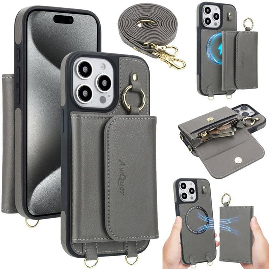 For iPhone 15 Pro AwQuer 2 in 1 Crossbody Wallet Leather Back Phone Case(Grey)