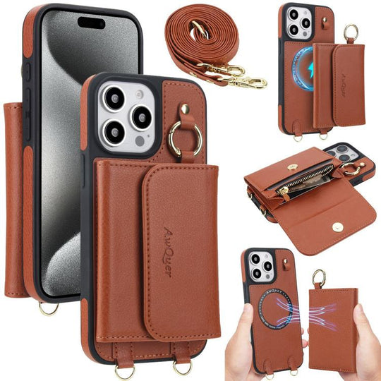 For iPhone 15 Pro AwQuer 2 in 1 Crossbody Wallet Leather Back Phone Case(Brown)