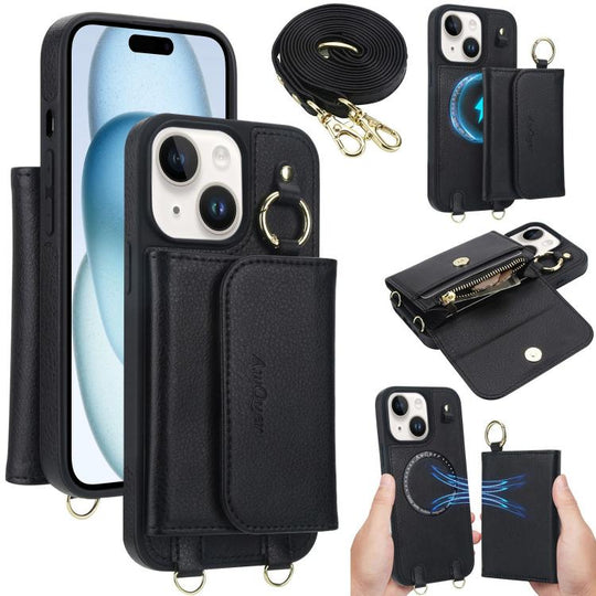 For iPhone 15 Plus AwQuer 2 in 1 Crossbody Wallet Leather Back Phone Case(Black)