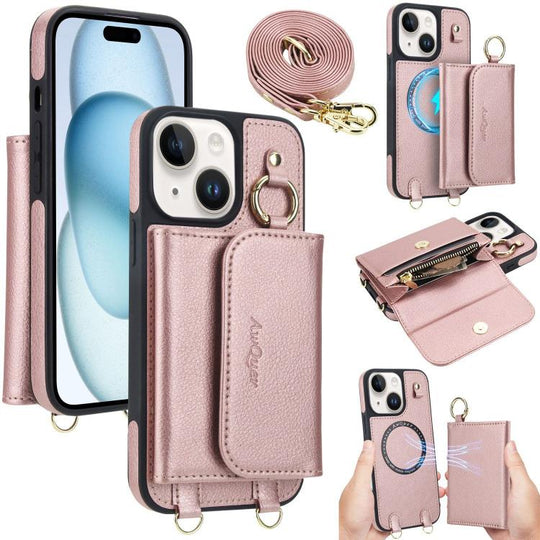 For iPhone 15 Plus AwQuer 2 in 1 Crossbody Wallet Leather Back Phone Case(Rose Gold)