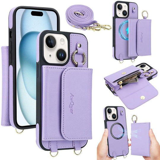For iPhone 15 Plus AwQuer 2 in 1 Crossbody Wallet Leather Back Phone Case(Light Purple)