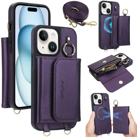 For iPhone 15 Plus AwQuer 2 in 1 Crossbody Wallet Leather Back Phone Case(Dark Purple)