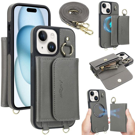 For iPhone 15 AwQuer 2 in 1 Crossbody Wallet Leather Back Phone Case(Grey)