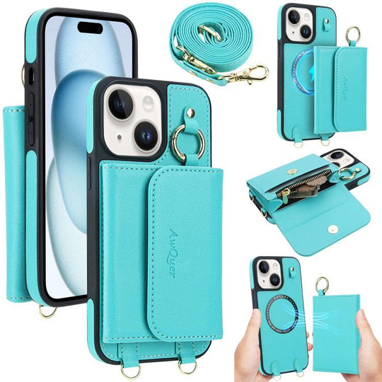 For iPhone 15 AwQuer 2 in 1 Crossbody Wallet Leather Back Phone Case(Light Green)