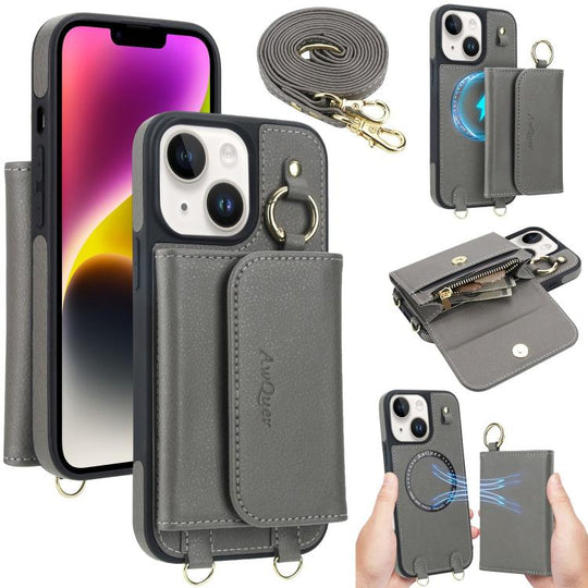 For iPhone 14 Plus AwQuer 2 in 1 Crossbody Wallet Leather Back Phone Case(Grey)