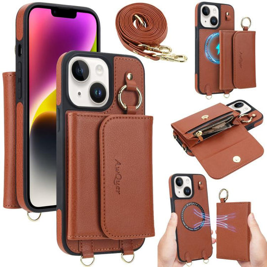 For iPhone 14 Plus AwQuer 2 in 1 Crossbody Wallet Leather Back Phone Case(Brown)