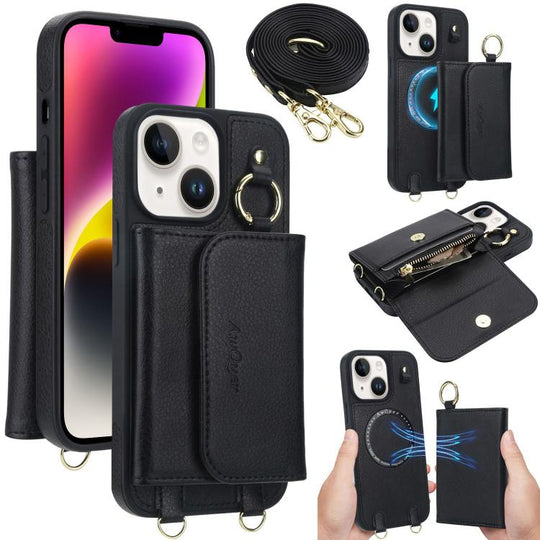 For iPhone 14 / 13 AwQuer 2 in 1 Crossbody Wallet Leather Back Phone Case(Black)