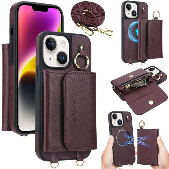 For iPhone 14 / 13 AwQuer 2 in 1 Crossbody Wallet Leather Back Phone Case(Wine Red)