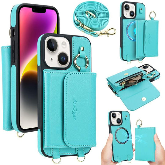 For iPhone 14 / 13 AwQuer 2 in 1 Crossbody Wallet Leather Back Phone Case(Light Green)