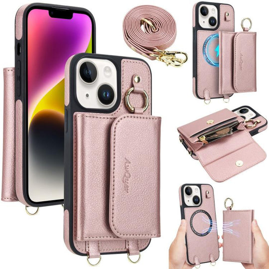 For iPhone 14 / 13 AwQuer 2 in 1 Crossbody Wallet Leather Back Phone Case(Rose Gold)