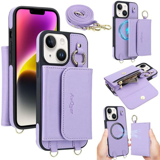For iPhone 14 / 13 AwQuer 2 in 1 Crossbody Wallet Leather Back Phone Case(Light Purple)
