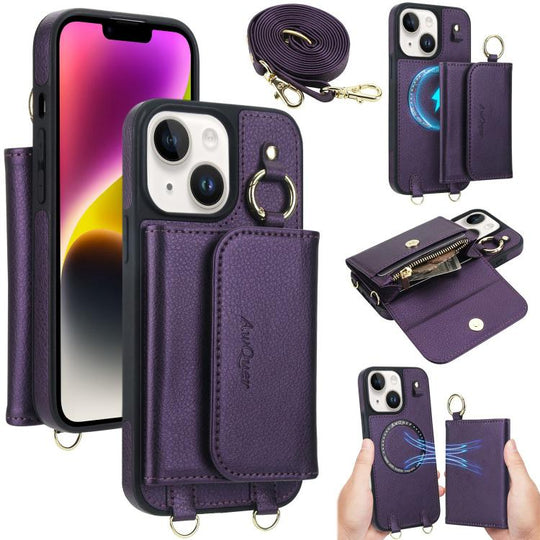 For iPhone 14 / 13 AwQuer 2 in 1 Crossbody Wallet Leather Back Phone Case(Dark Purple)