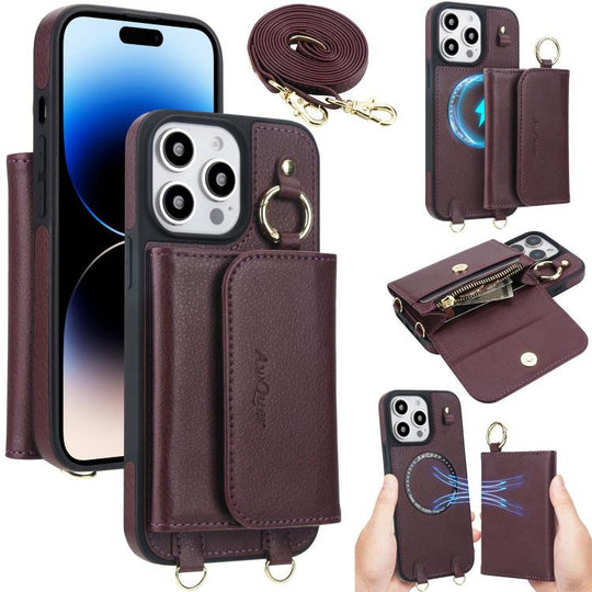 For iPhone 14 Pro AwQuer 2 in 1 Crossbody Wallet Leather Back Phone Case(Wine Red)