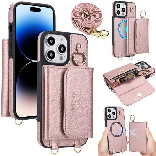 For iPhone 14 Pro AwQuer 2 in 1 Crossbody Wallet Leather Back Phone Case(Rose Gold)