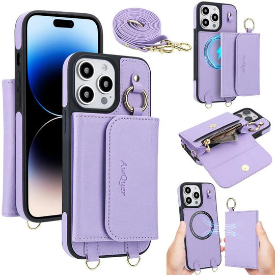 For iPhone 14 Pro AwQuer 2 in 1 Crossbody Wallet Leather Back Phone Case(Light Purple)