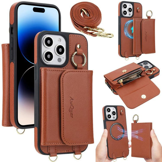 For iPhone 14 Pro AwQuer 2 in 1 Crossbody Wallet Leather Back Phone Case(Brown)