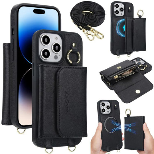 For iPhone 14 Pro Max AwQuer 2 in 1 Crossbody Wallet Leather Back Phone Case(Black)